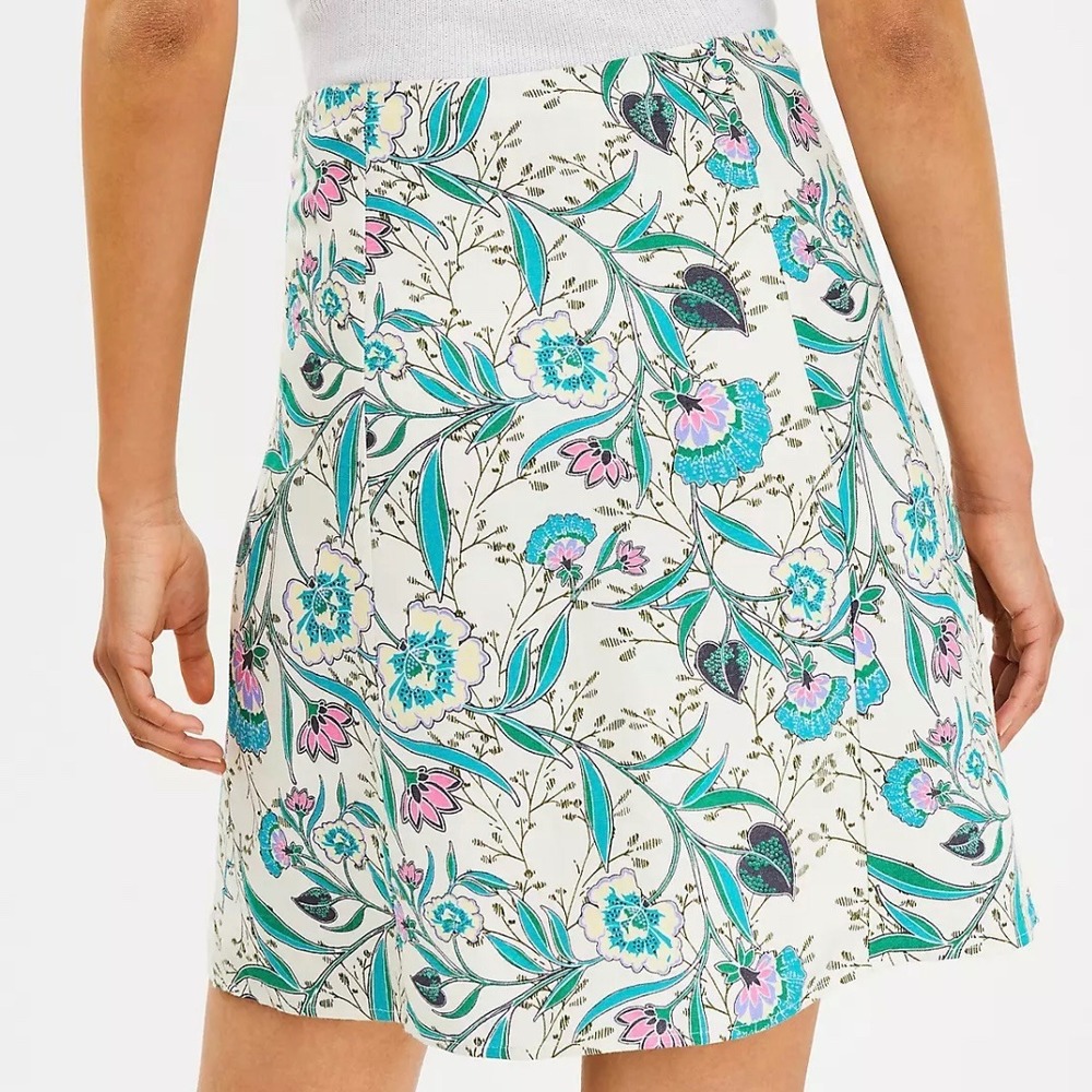 NWT Floral Mini Skirt Womens 12 Linen Blend‎ Front Slit White Teal A-Line